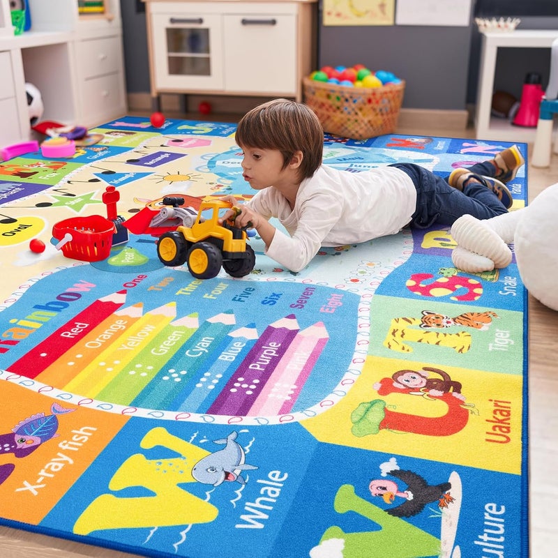B BENRON 4x6 Playroom Rugs for Kids Washable, Educational and Fun Playmat with ABC Alphabet Animals Shapes Colors, Non-Slip Play Mat Learning Rugs for Baby Toddler Children Game Activity, Blue - Image 4